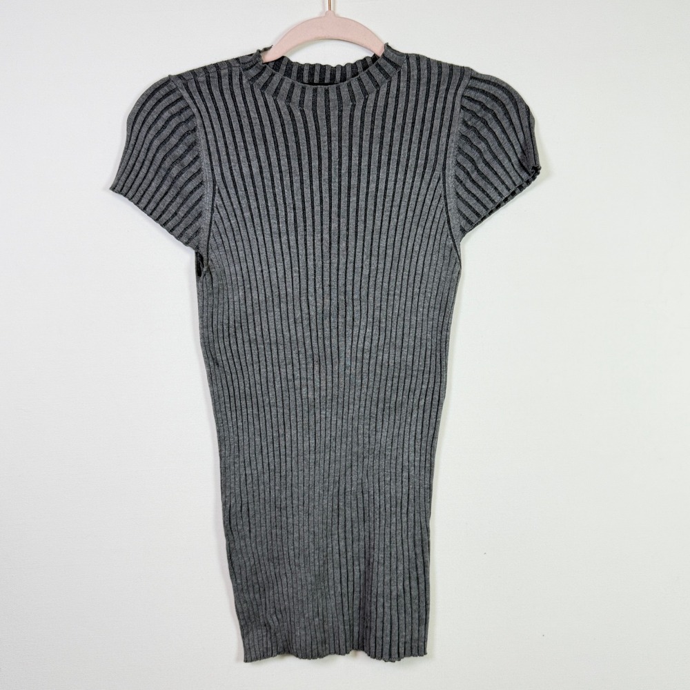 EXPRESS Grey Ribbed Mock Neck Puff Sleeve Knit Sweater Top Medium